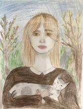 „Selbstbildnis mit Katze“, Buntstiftzeichnung auf A3 Papier